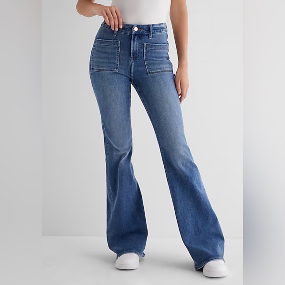 Express Med Rinse Wash Patch Pocket 70s Flare Jeans Size L 12/14/16 Y2K jeans